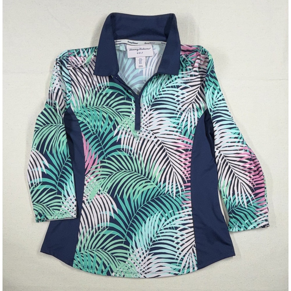 Tommy Bahama Golf Women's Polo S Navy Tropical 1/4 Zip Pullover 3/4 Sleeve